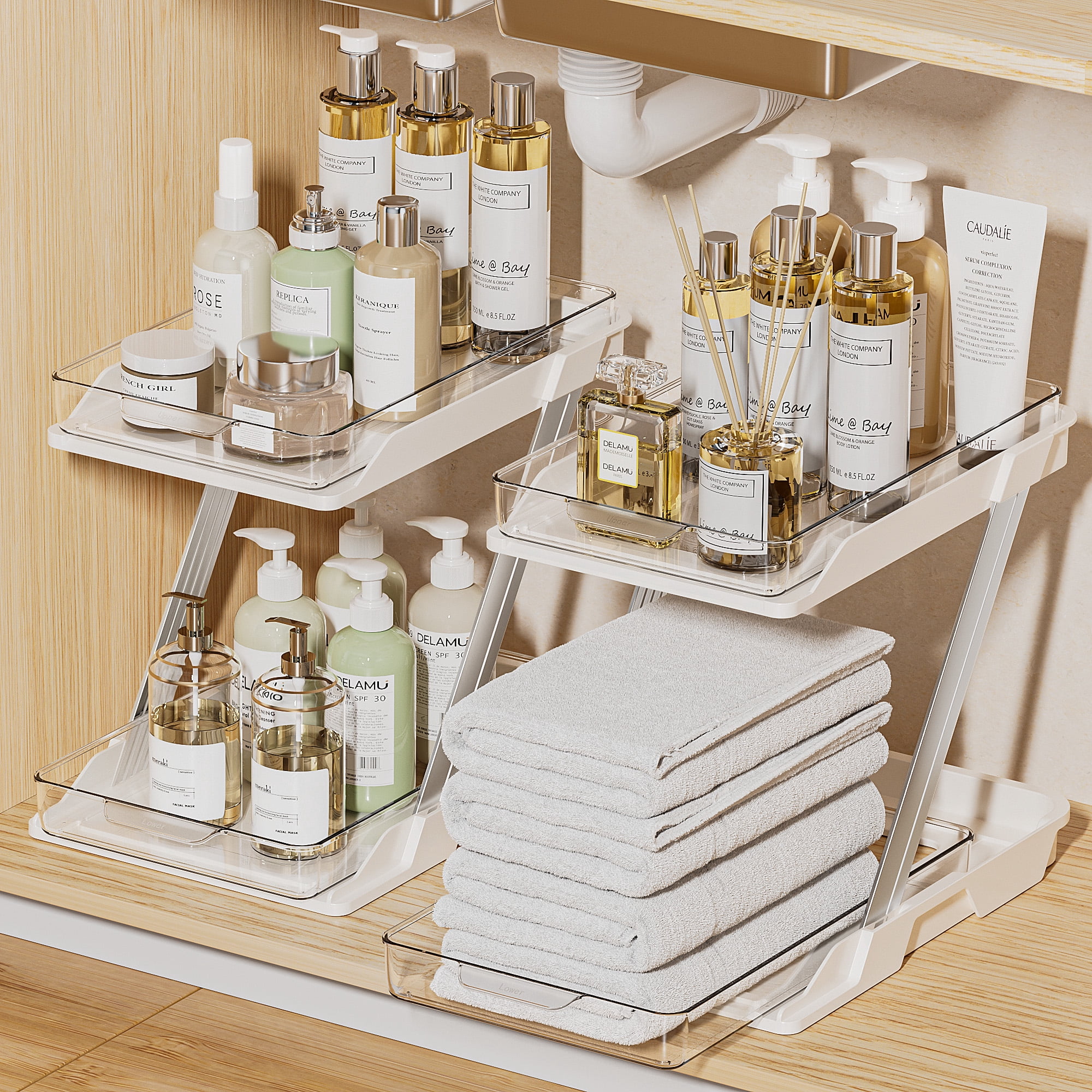 Delamu 2 Pack Under Sinks Organizers and Storage, Multi-Purpose, 2-Tier Clear Pull Out Organization for Bathroom, Kitchen
