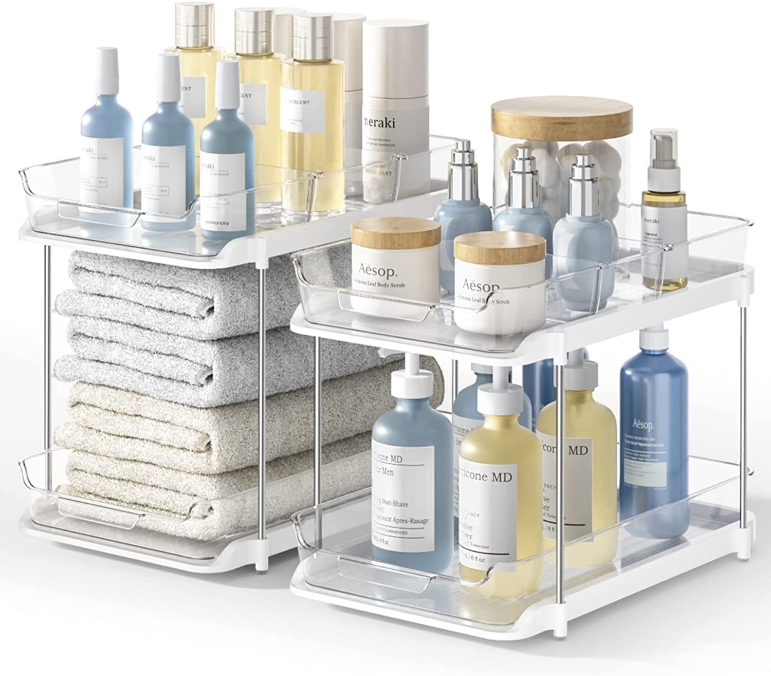 Delamu 2 Pack Set Under Sink Organizers and Storage, 2 Tier Sliding Bathroom Sink Organizer, Multi-Use Under Kitchen Cabinet Storage Shelf (S&L), Transparent - Walmart.com