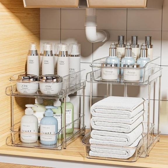 Delamu 2 Sets of 2-Tier Clear Under Sink Organizers and Storage, Multi-Purpose Stackable Cabinet Organizers, Pull Out Bathroom Organization and Storage with Dividers