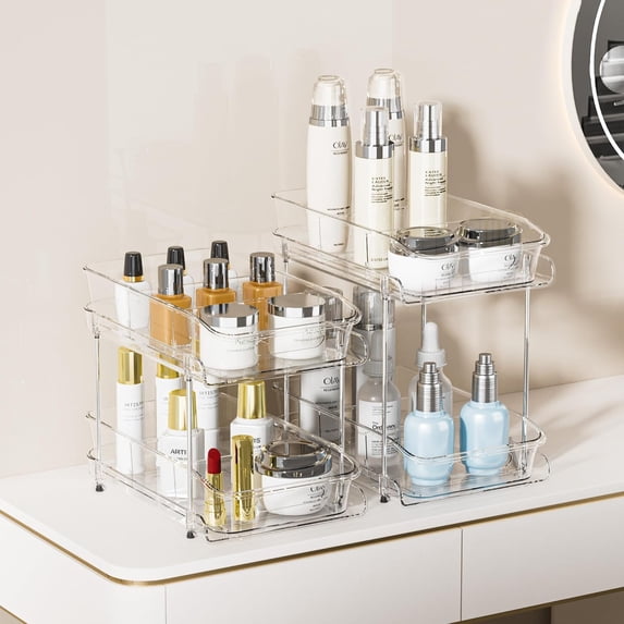 Delamu 2 Sets of 2-Tier Clear Under Sink Organizers and Storage, Multi-Purpose Stackable Cabinet Organizers, Pull Out Bathroom Organization and Storage with Dividers