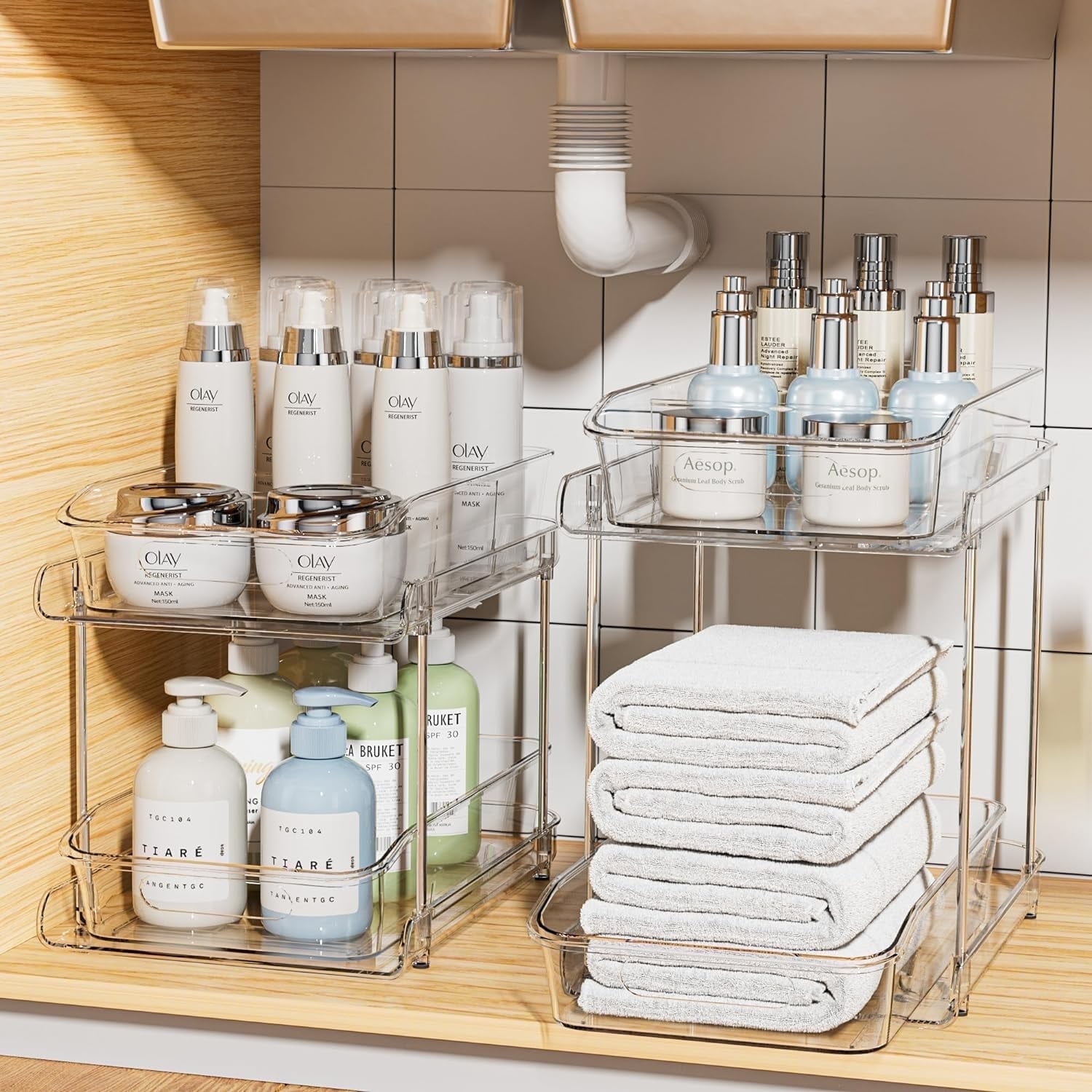 Delamu 2 Sets of 2-Tier Clear Under Sink Organizers and Storage, Multi-Purpose Stackable Bathroom Cabinet Organizers, Pull Out Kitchen Pantry Organization and Storage with Dividers - Walmart.com