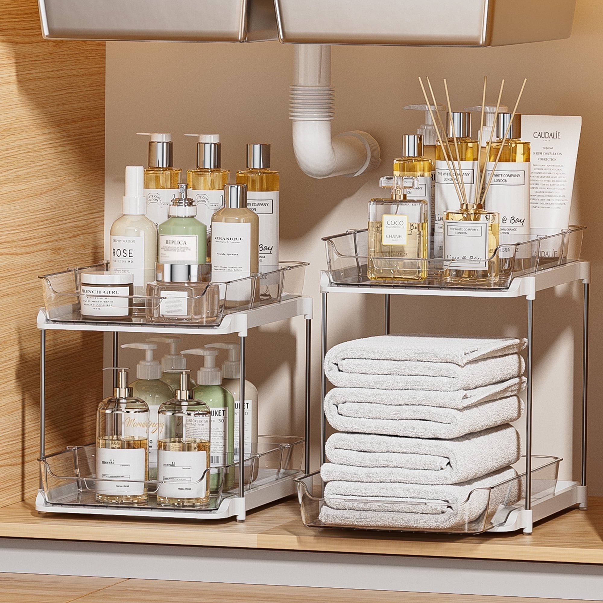 Delamu 2 Sets of 2-Tier Multi-Purpose Bathroom Under Sink Organizers and Storage, Stackable Kitchen Pantry Organization, Pull Out Medicine Cabinet Organizer with 8 Movable Dividers C29 - Walmart.com