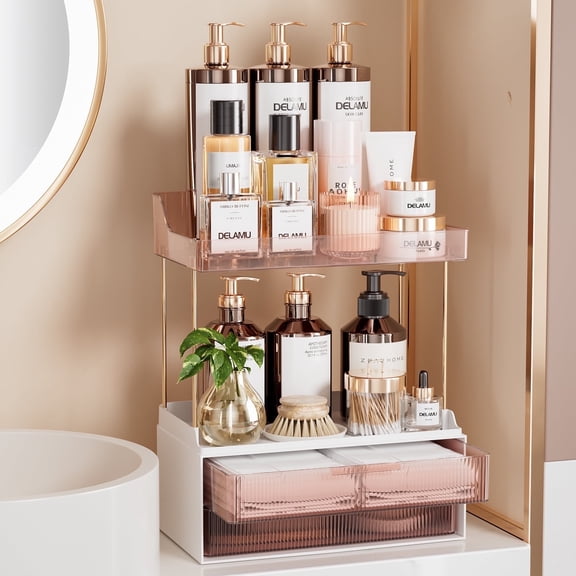 Delamu 2-Tier 2-Drawer Bathroom Organizer Countertop, Multi-Purpose Makeup Organizer Countertop, Large Skincare Organizers, Exquisite Vanity Organizer, Grapefruit Color