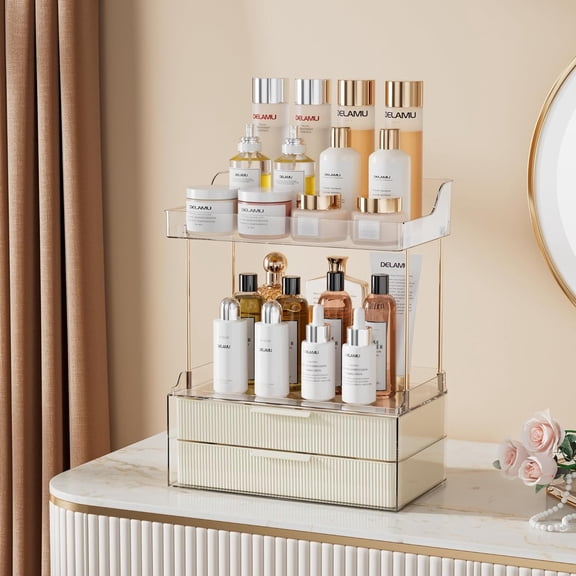 Delamu 2-Tier 2-Drawer Countertop Bathroom Organizer – Multi-Purpose Makeup & Skincare Vanity Storage with Golden Rods, Cream White Color, Exquisite Home Décor Organizer