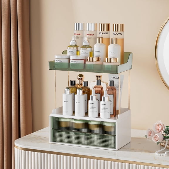 Delamu 2-Tier 2-Drawer Countertop Bathroom Organizer – Multi-Purpose Makeup & Skincare Vanity Storage with Golden Rods, Green Color, Exquisite Home Décor Organizer