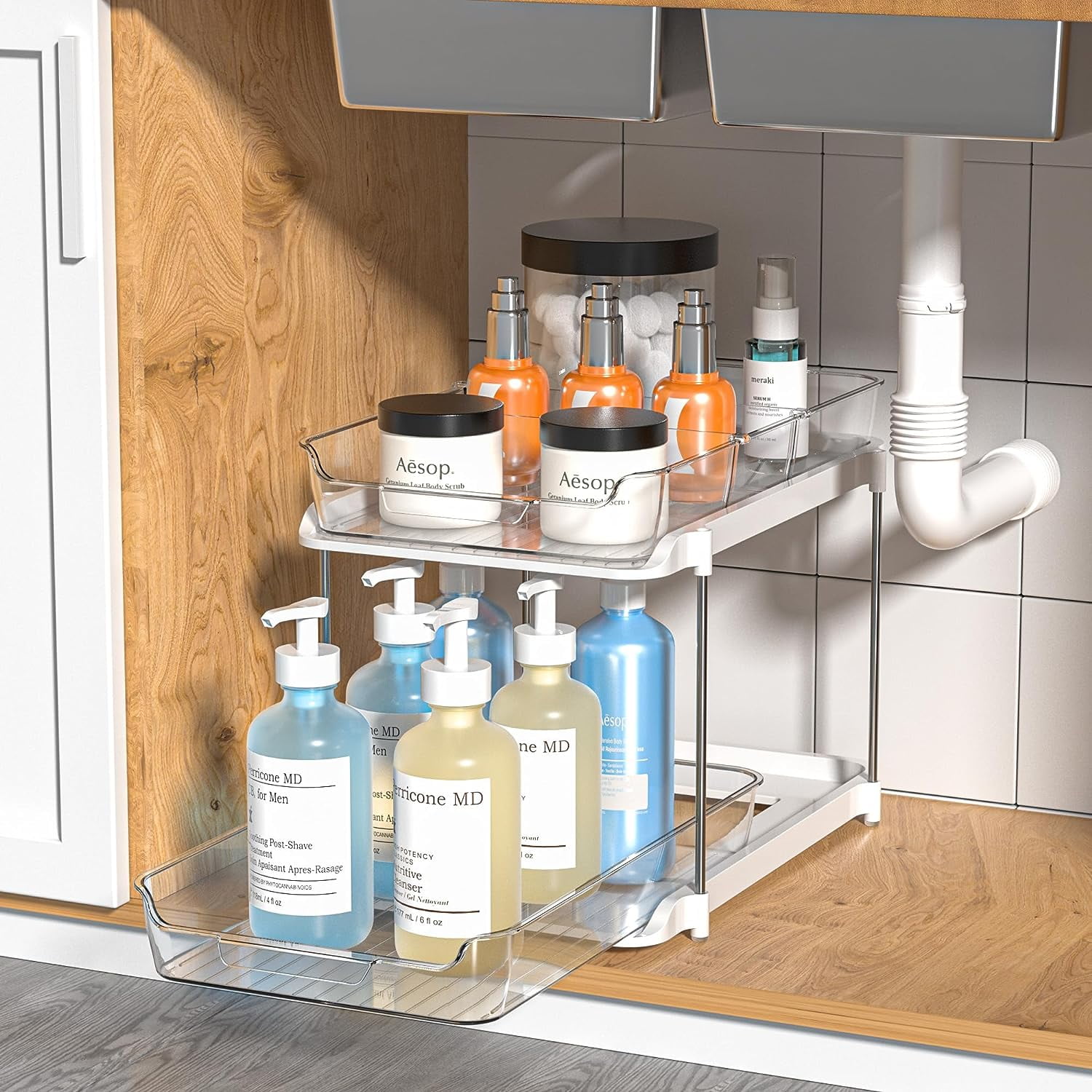 Delamu 2 Tier Bathroom Cabinet Organizer Under Sink Storage Stackable Pantry with Movable Dividers Walmart