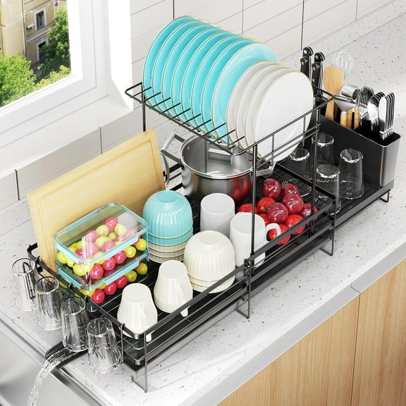 Delamu Large Dish Drying Rack - Extendable Dish Rack for Kitchen Counter, Multifunctional Dish Drainer with Drainboard Set, Dishrack with Utensil Holder & Cup Holder, 13.4"-28.7" L x 11.8" W
