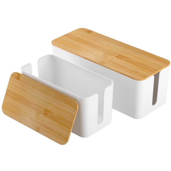 2 Size Large Cable Management Box Set – Wood Lid Cord Organizer and Cover for TV Wires, Computer, Router, USB Hub and Under Desk Power Strip – Safe ABS Material and Baby-Pets Proof Lock (White)