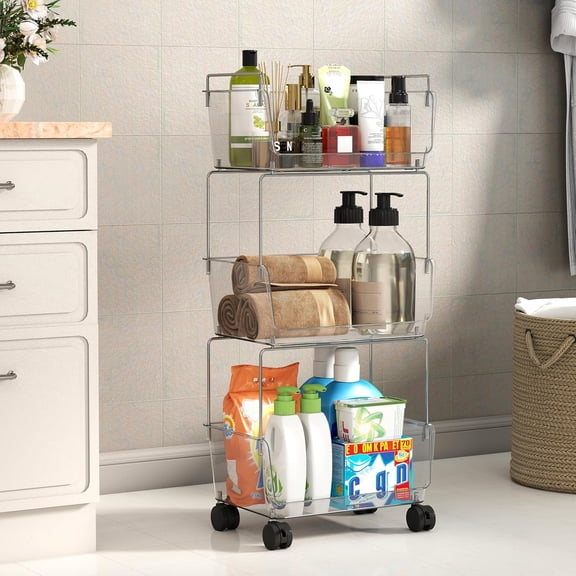 Delamu 3 Tier Utility Cart Organizer with Wheels, Mobile Storage Rolling Carts for Bathroom, Kitchen, Snack, Craft, Makeup Organization, Acrylic Clear