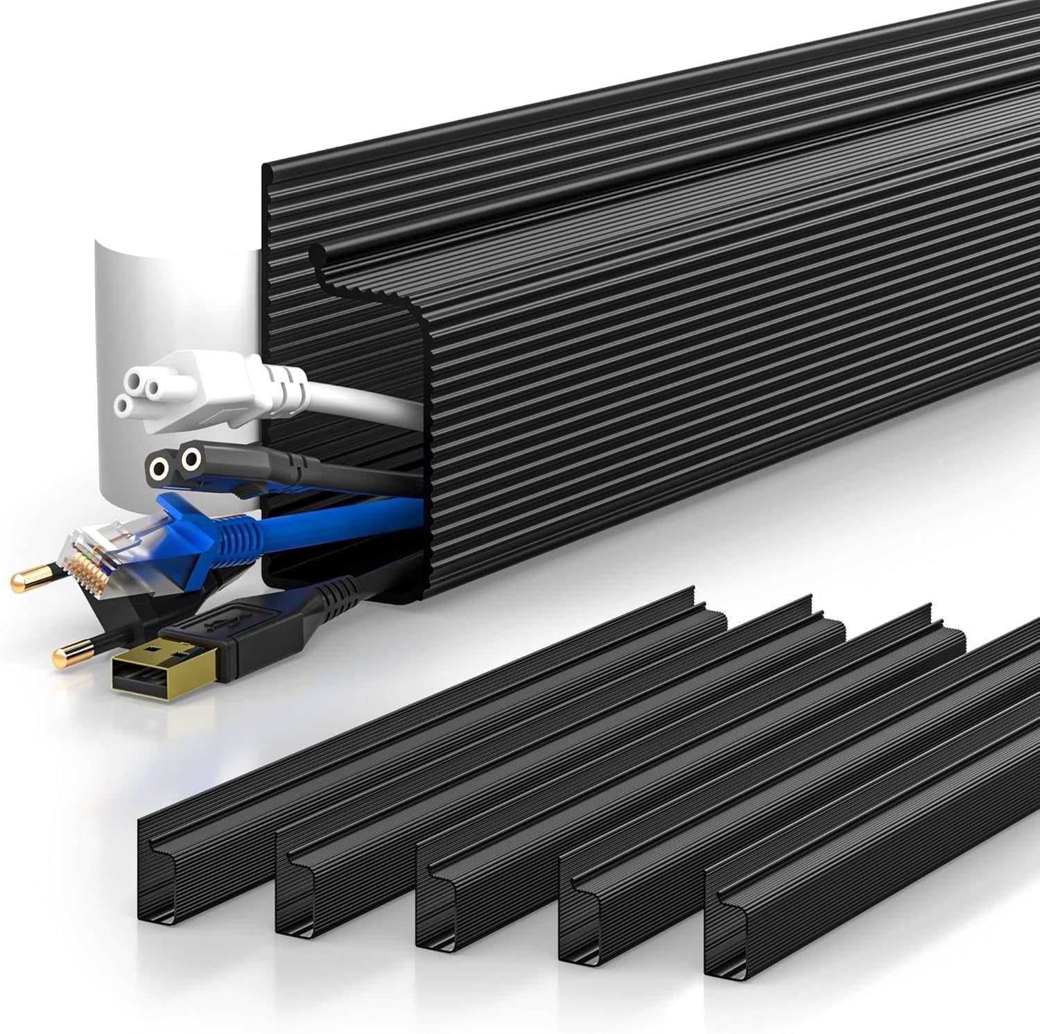 6 X 15.7in PVC Cord Organizer, Delamu Cable Management Wall, Under Desk Cable Trays, and Self-Adhesive Raceways for Desk, Cable Hider, Black