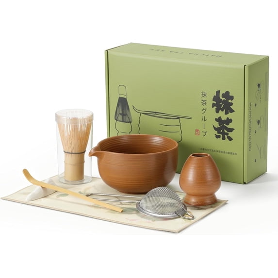 LazySpin 7Pcs Matcha Whisk Set, Matcha Tea Bowl Tool , Brown