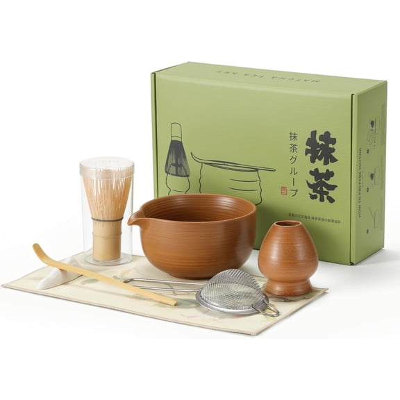LazySpin 7Pcs Matcha Whisk Set, Matcha Tea Bowl Tool , Brown