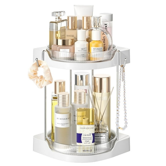 LazySpin Acrylic Rotating Makeup Organizer 2-tier, Multi-function Lazy Susan Bathroom Counter Organizer, Storage Cosmetic, Skincare, Perfume for Bedroom, Bathroom