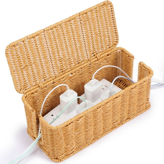 Delamu 13"x5.5"x5.5" Rattan Cable Management Box - Desk Cord Organizer with Lid, Cord Hider for Home Office TV Wires