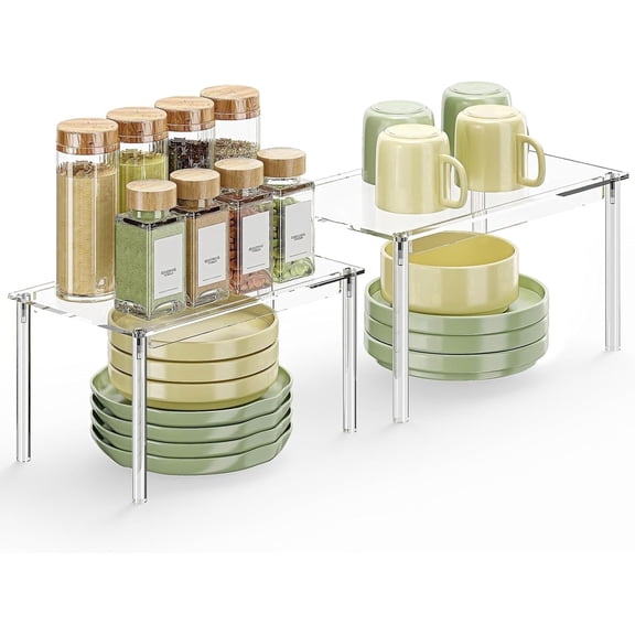 Delamu 2-Tier 2 Pack Spice Rack, Acrylic Seasoning Condiments Organizer for Cabinet, Clear Spice Shelf, 11.7 x 7.7 x 6.3 In