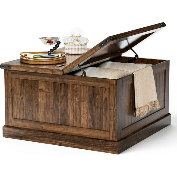 LazySpin Coffee Table with Storage, 31.5" Farmhouse Square Wood Coffee Tables for Living Room, Rustic Brown