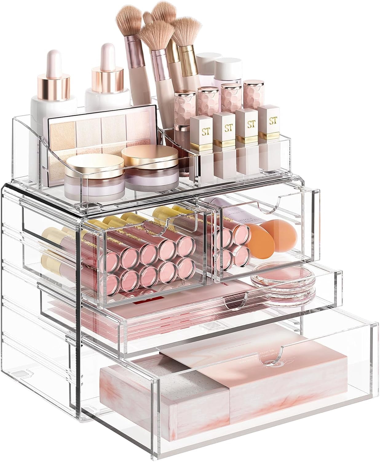 4-Tier Clear Makeup Organizer, Delamu Thick Acrylic Box Organizer, Cosmetics Storage Box, Bathroom Organizer
