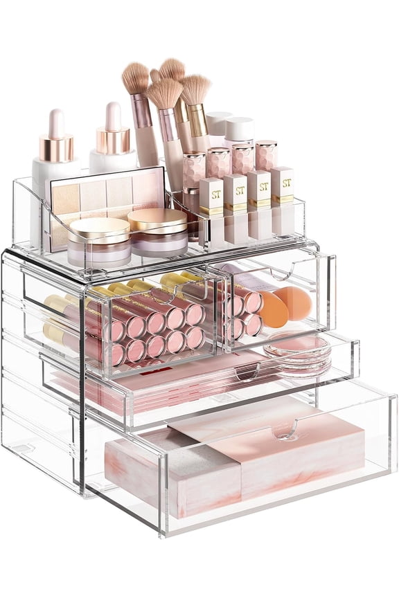 4-Tier Clear Makeup Organizer, Delamu Thick Acrylic Box Organizer, Cosmetics Storage Box, Bathroom Organizer