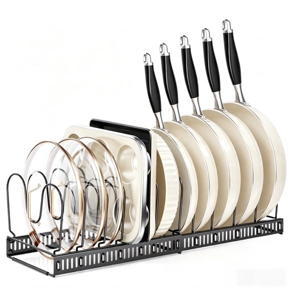 Delamu Expandable Pot and Pan Organizer Rack, 12+ Pot Lid Organizer Holder, Bakeware Adjustable Rack, Kitchen Cabinet Organizer for Bakeware Cutting Boards, Black