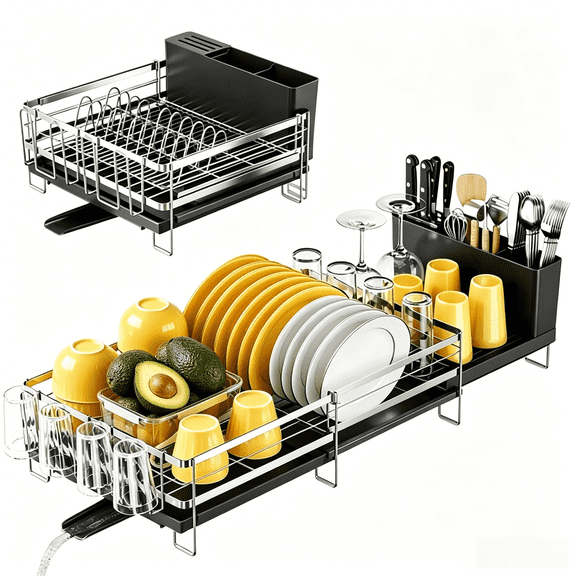 Delamu Extendable Dish Rack Kitchen Drainer Set with Utensil & Cup Holders, Black