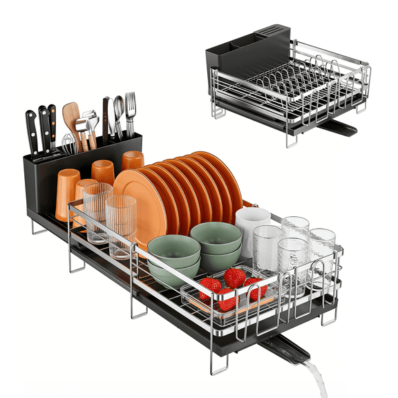 Delamu Extendable Dish Rack Kitchen Drainer Set with Utensil & Cup Holders, Black