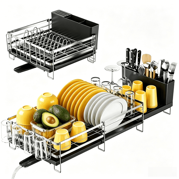 Delamu Extendable Dish Rack Kitchen Drainer Set with Utensil & Cup Holders, Black