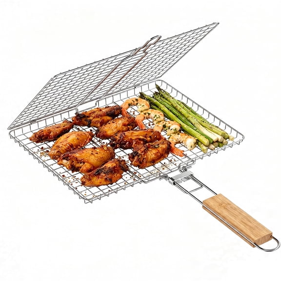 Delamu Fish Grilling Basket, Portable Stainless Steel BBQ Grill Basket for Fish Vegetables Shrimp with Detachable Handle