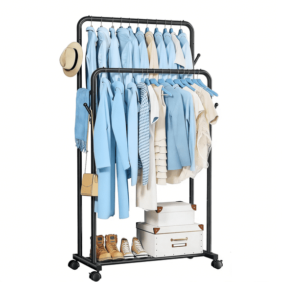 LazySpin Clothes Racks, Double Rods Garment Clothing Rack for Hanging Clothes with Wheels for Laundry Closet Bedroom , Black