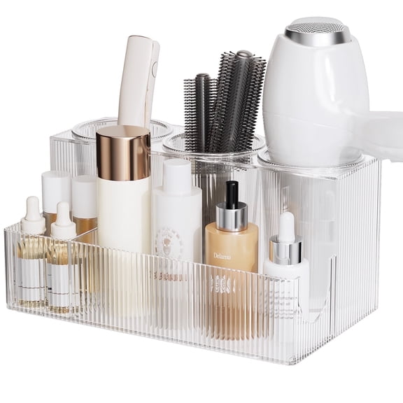 Delamu Hair Tool Organizer, Acrylic Hair Dryer Holder, Bathroom Countertop Storage Box, Clear Vanity Organizer for Curling Iron and Makeup Brush