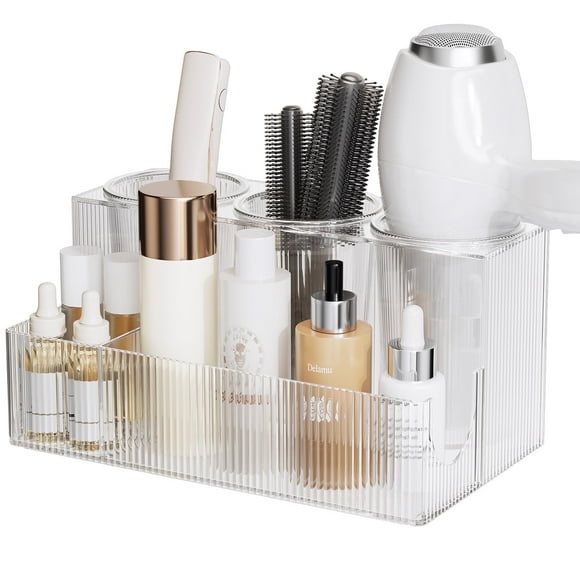 Delamu Hair Tool Organizer, Acrylic Hair Dryer Holder, Bathroom Countertop Storage Box, Clear Vanity Organizer for Curling Iron and Makeup Brush