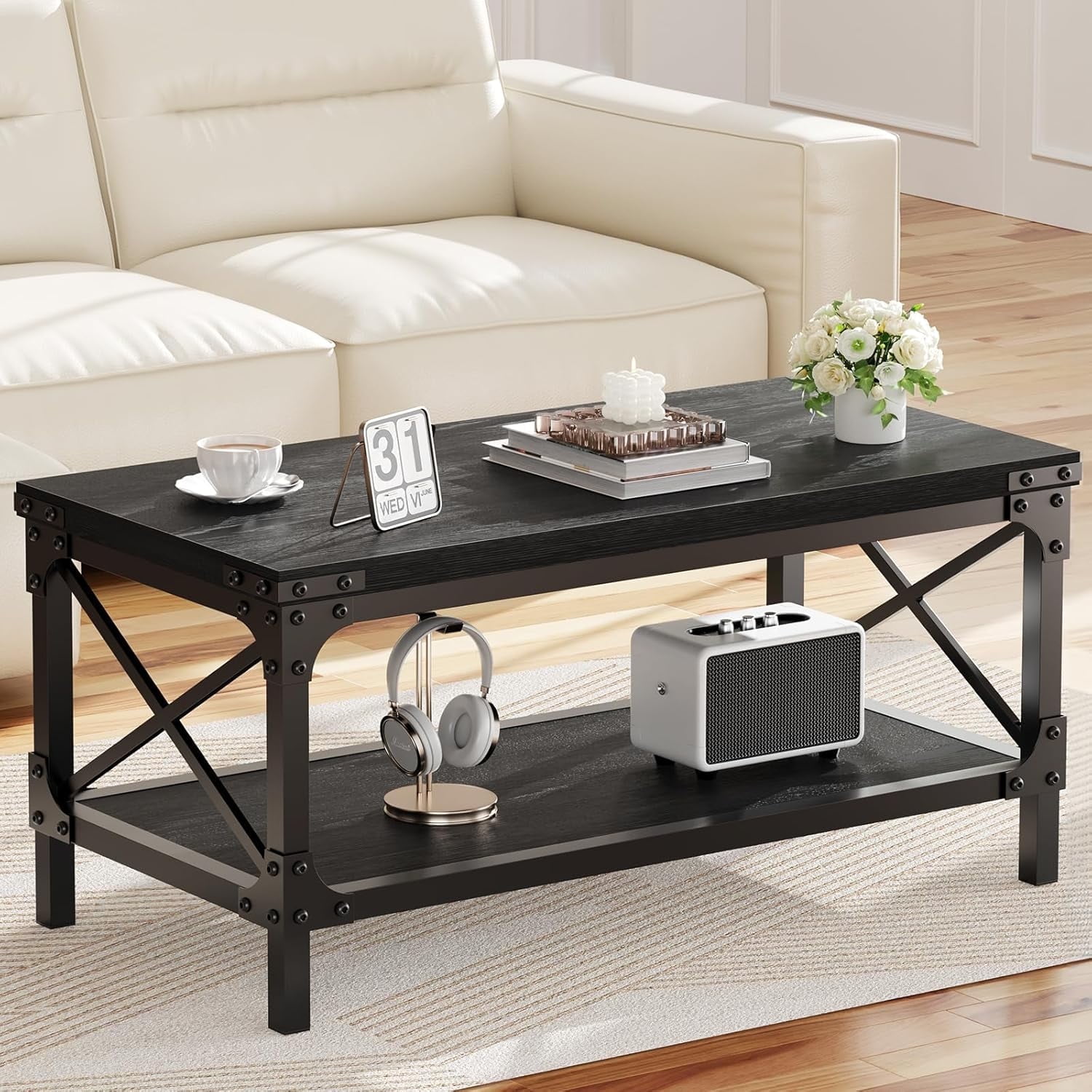 LazySpin Industrial Wood Coffee Table Rectangle, Black