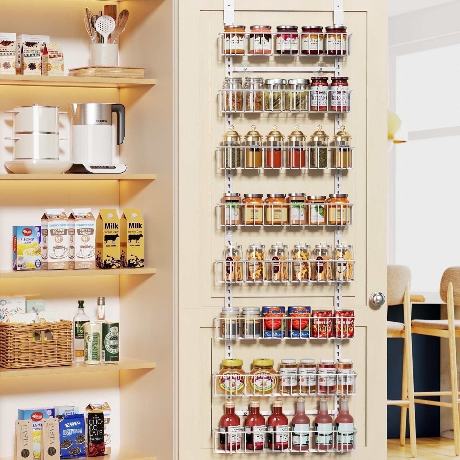 Door Storage Racks Delamu Kitchen Over the Doors Organizer, Adjustable 8-Tier Pantry Door ...