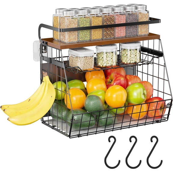 LazySpin Magnetic Basket for Fridge with Wood Lid, Magnetic Shelf Refrigerator Organizer, Fruit Potato Onion Storage Bin & Spice Rack Pantry for Kitchen, 1 Pack