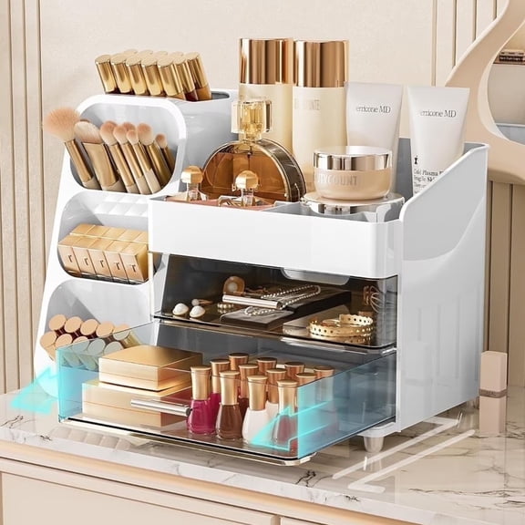 Delamu Makeup Organizer with Drawers for Vanity, Spacious Cosmetic Display Case with Makeup Brush Holder, Perfect Vanity Bathroom Organizer and Storage for Skincare & Beauty Essentials, White