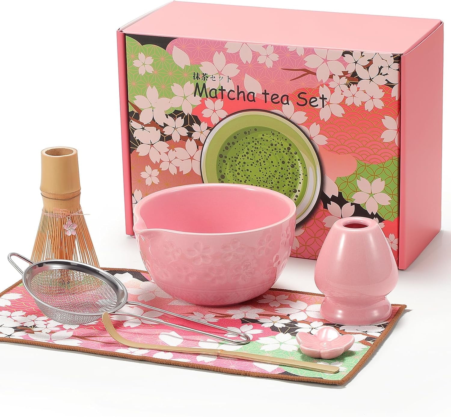 LazySpin Matcha Whisk Set, 7-Piece Ceramic Matcha Making kit, Pink