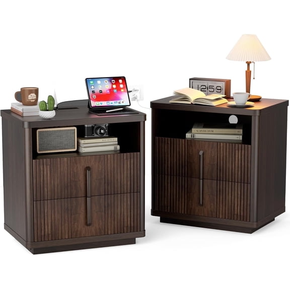 LazySpin Nightstand Set of 2 with Charging Station, 22.8" End Table with 2 Drawers, Dark Brown