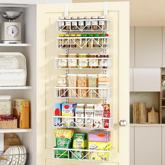 Delamu Adjustable Over the Door Pantry Organizer, 6-Tier Metal Pantry Organization and Storage for Kitchen, Hanging Spice Rack Seasoning Shelves, Cabinet Door Organizer for Easy Install, 16"