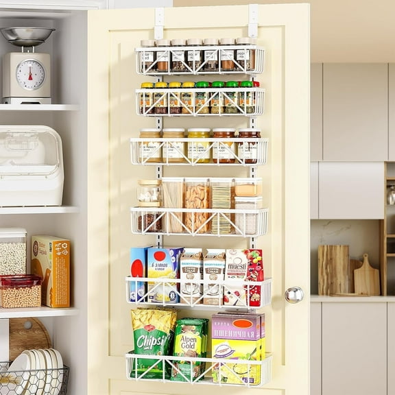 Delamu Adjustable Over the Door Pantry Organizer, 6-Tier Metal Pantry Organization and Storage for Kitchen, Hanging Spice Rack Seasoning Shelves, Cabinet Door Organizer for Easy Install, 16"