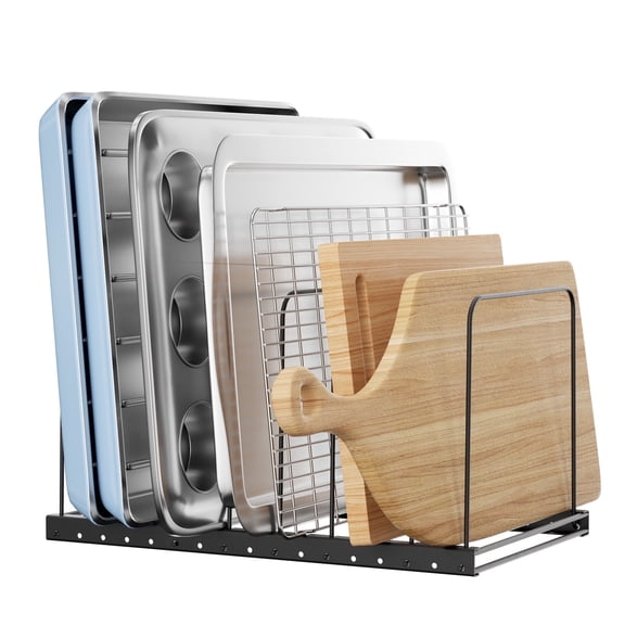 Delamu 7-Slot Cutting Board Organizer and Baking Sheet Rack, Adjustable Cabinet Storage Shelf for Cutting Boards, Baking Sheets and Lids, Pot and Pan Rack for Kitchen Organizer