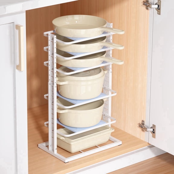 Delamu Pots and Pans Organizer for under Cabinet，6-Tier Heavy Duty Adjustable Pan Pot Organizers inside Cabinet, Pot Rack for Kitchen Cabinet Organization and Storage, White