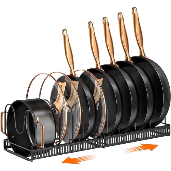 Delamu Pots and Pans Organizer Rack, Expandable 11.71-22.85 Inch Pot Rack Under Cabinet, 10 Adjustable Dividers Storage Pan Organizer Rack for Cookie Sheets