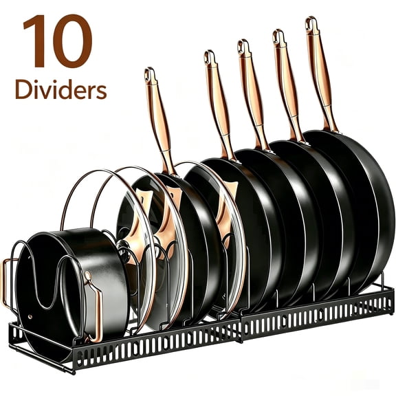 Delamu Pots and Pans Organizer Rack, Expandable 11.71-22.85 Inch Pot Rack Under Cabinet, 10 Adjustable Dividers Storage Pan Organizer Rack for Cookie Sheets