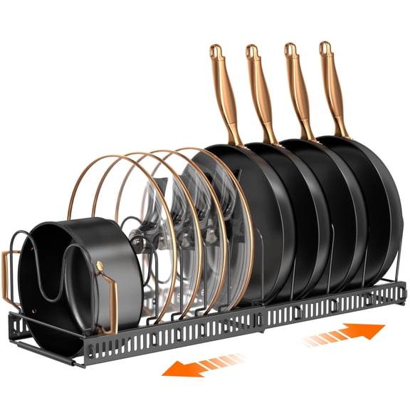 Delamu Pots and Pans Organizer Rack, Expandable 11.71-22.85 Inch Pot Rack Under Cabinet, 10 Adjustable Dividers Storage Pan Organizer Rack for Cookie Sheets