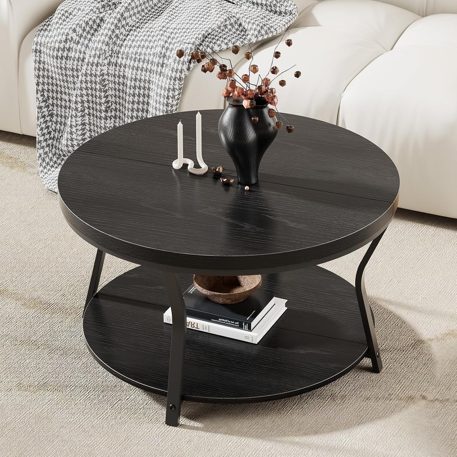 LazySpin Round Coffee Table Rustic Wood for Living Room, Black