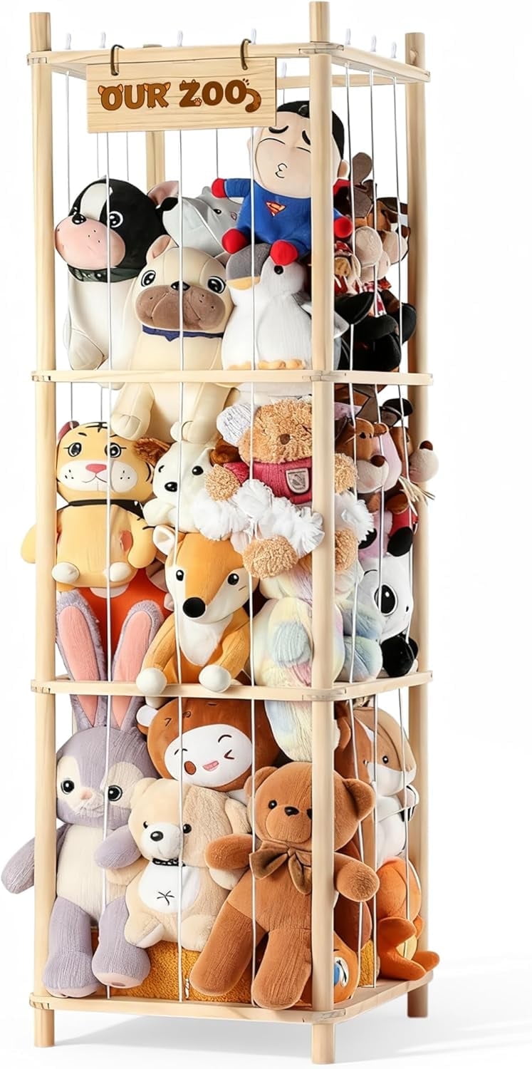 LazySpin Stuffed Animal Storage Zoo, Wooden Large Stuff Animals Plushies Holder Toy Organizer Kids