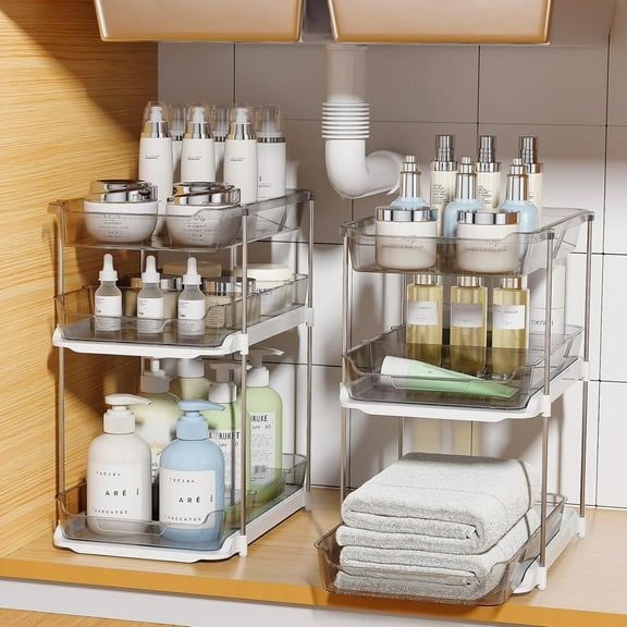 3 Tier Pull-Out Under Sink Organizer Storage, Delamu Bathroom Stackable Pantry Counter Sliding Cabinet Organization and Storage, 2 Sets, Gray