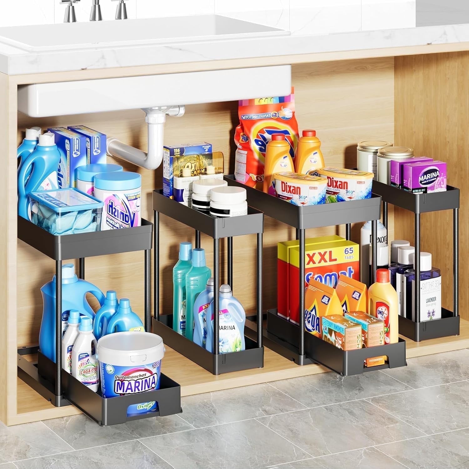 Delamu 4 Pack Under Sink Organizers and Storage, 2 Tier Bathroom Cabinet Organizer, Multi-Use Kitchen Bathroom Organizers, Black