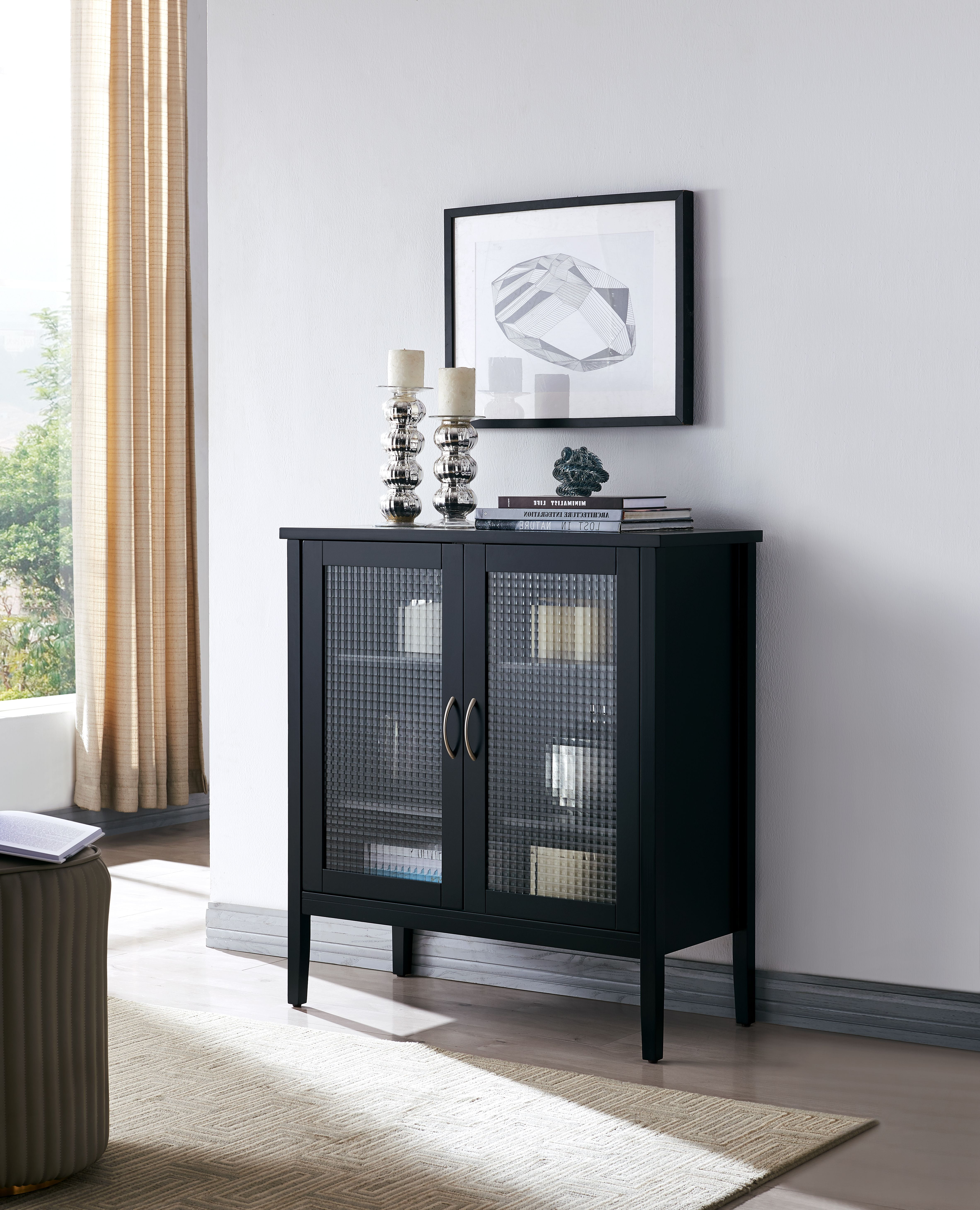 Delancey 2 Door Accent Display Storage Cabinet with Adjustable Shelves Black Wood Frosted Glass Contemporary