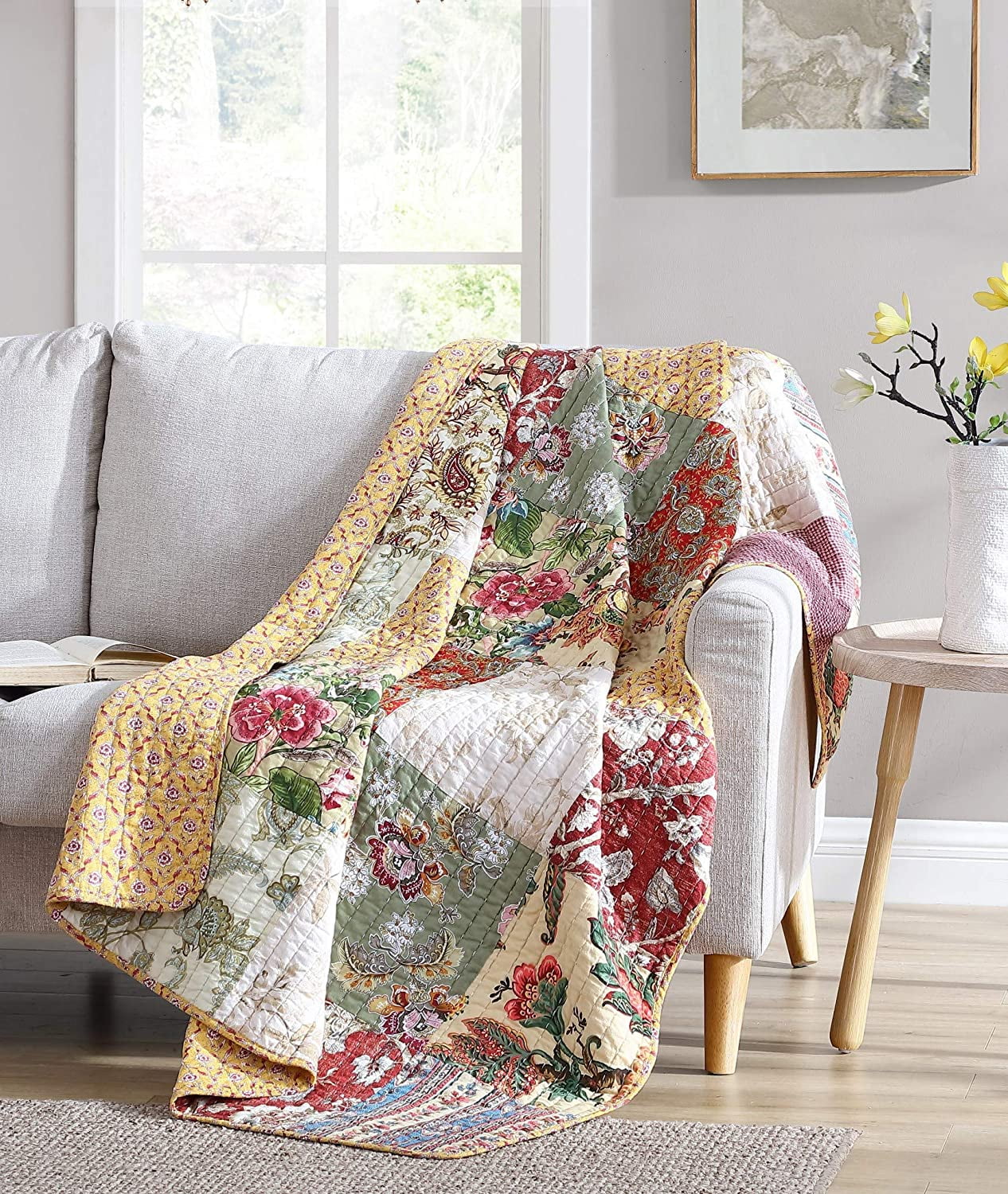 Chezmoi Collection Delaney 1-Piece Floral Patchwork Quilted Throw - Soft Breathable Vintage Washed Cotton Reversible Quilt for All Seasons. Throw Blanket