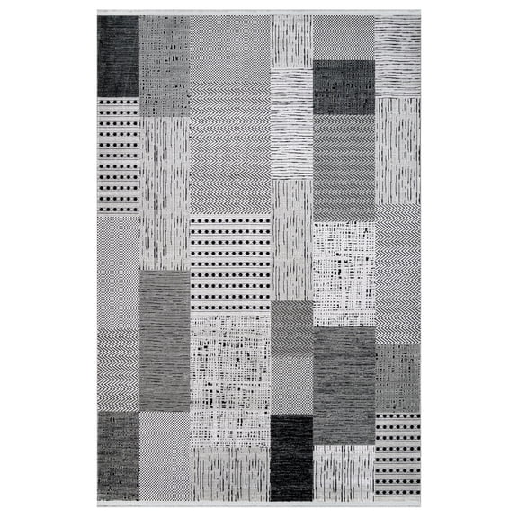 Delaney Grey Patchwork Knitwear Acrylic Area Rugs for Living Room Jacquard Textured Modern Rugs Soft Geometric Rug for Bedroom Washable Rug Non-Slip Bohemian Carpet Perfect for Dining Room